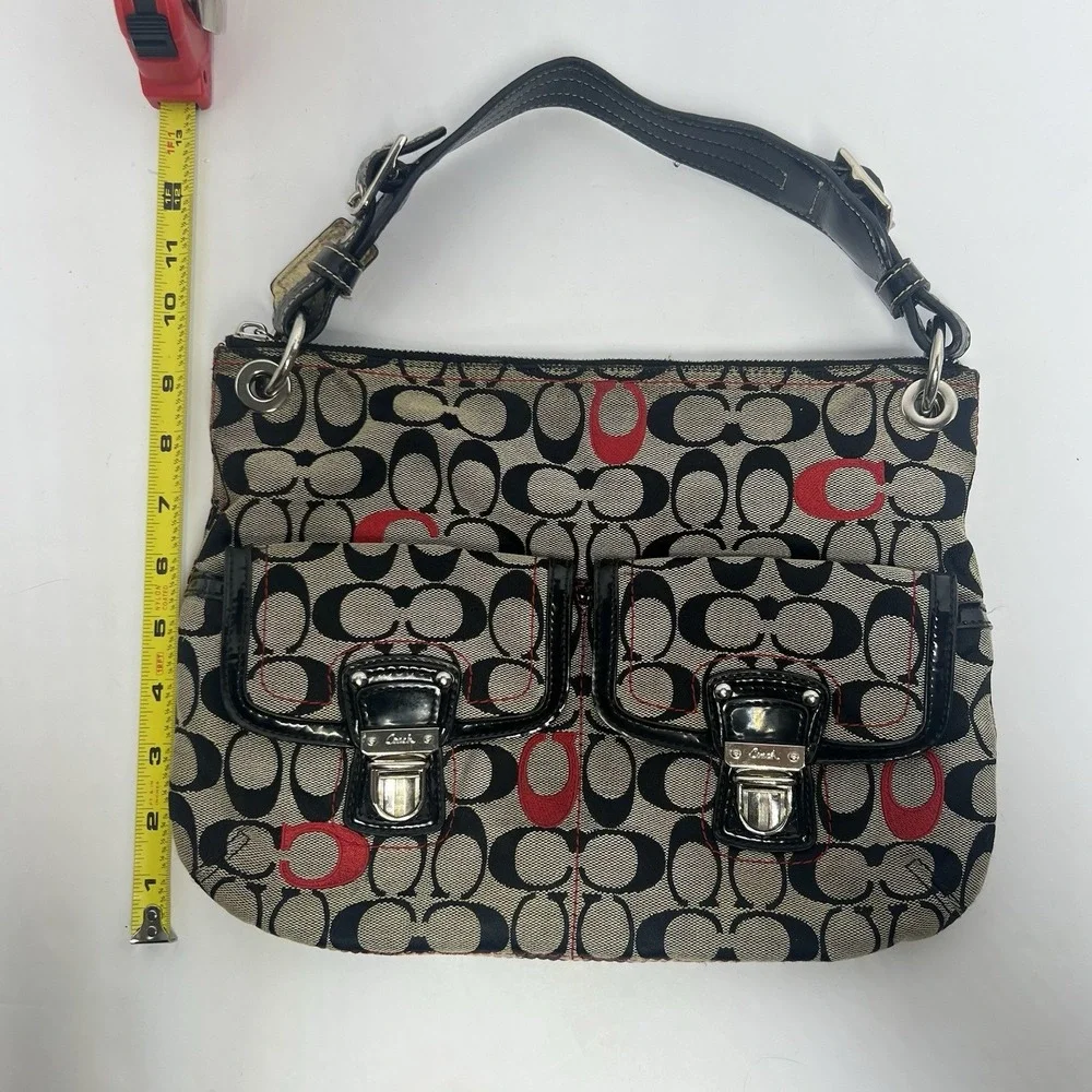 Coach Signature Monogram Hobo Shoulder Bag Black Tan Red Canvas No G1282-21186